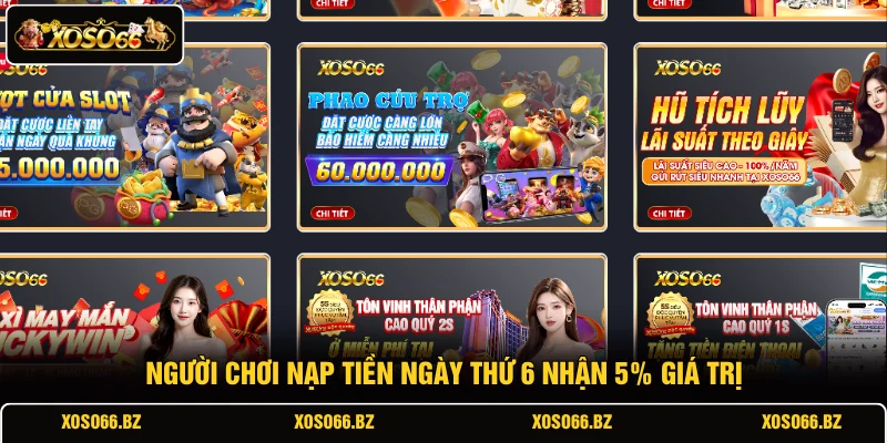 Khuyến Mãi XOSO66 3 Người chơi nạp tiền ngày thứ 6 nhận 5% giá trị